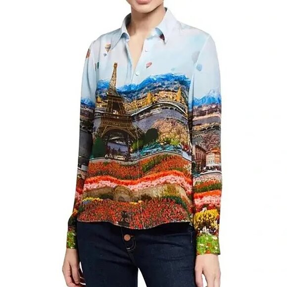 Alice + Olivia Willa Emily in Paris Eiffel Tower Shirt Blouse Silk Floral M - Picture 1 of 16